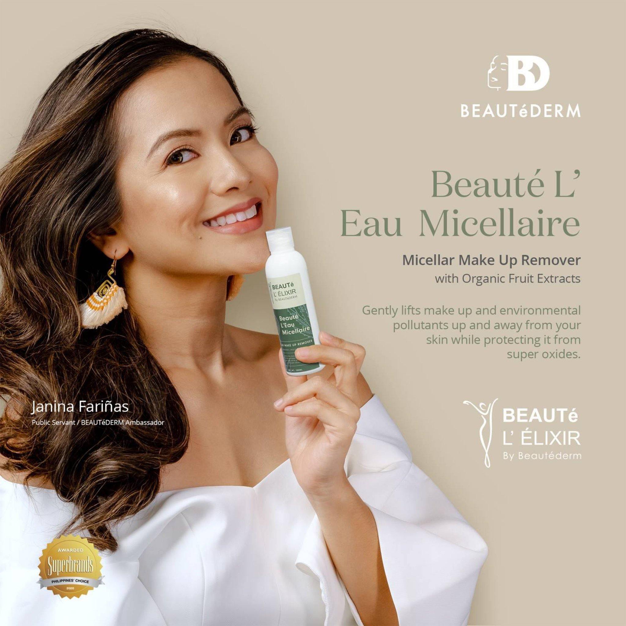 Beaute L’ Eau Micellaire Makeup Remover with Organic Fruit Extracts, Beaute L' Elixir by Beautederm, with Janina Fariñas (Beautederm Ambassador)
