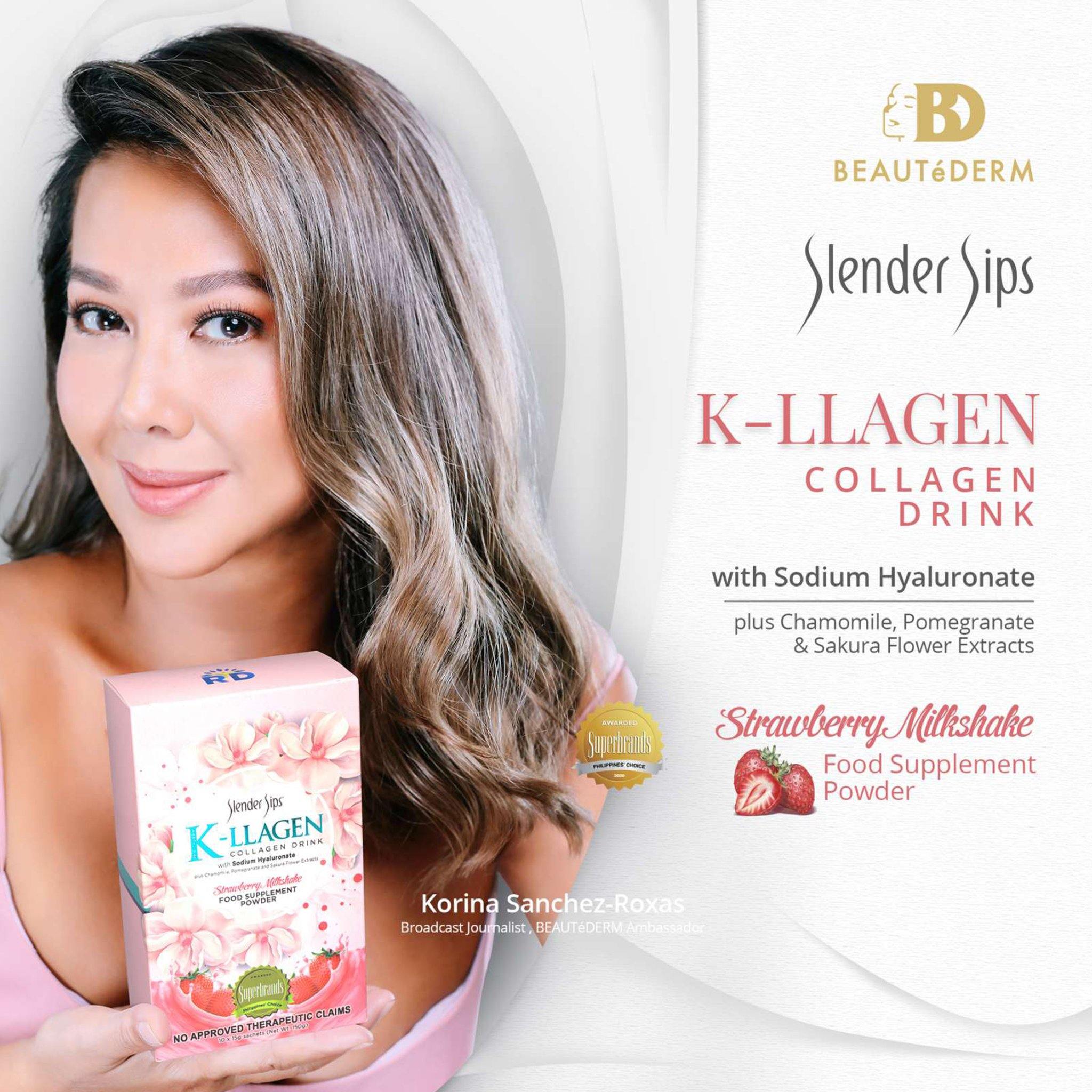 Slender Sips, K-llagen Collagen Drink with Sodium Hyaluronate, 10 sachets, by Beautederm, with Korina Sanchez-Roxas (Beautederm Ambassador)